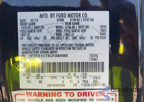 2012 Ford F-150 Fx2 from USA, damaged, VIN 1FTFX1CT5CFA85565